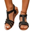 thumbnail image 5 of Women's Wide Width T-Strap Wedge Sandals, Open Toe Elastic Back Casual Shoes with Multi-Strap Design, Comfortable Summer Heels for Daily & Vacation Wear, Black/White, 5 of 6