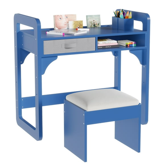 BeesClover Wooden Study Desk & Chair Set, Writing Table with Spacious Fabric Drawers & Built-In Pen Holder for Organized Learning