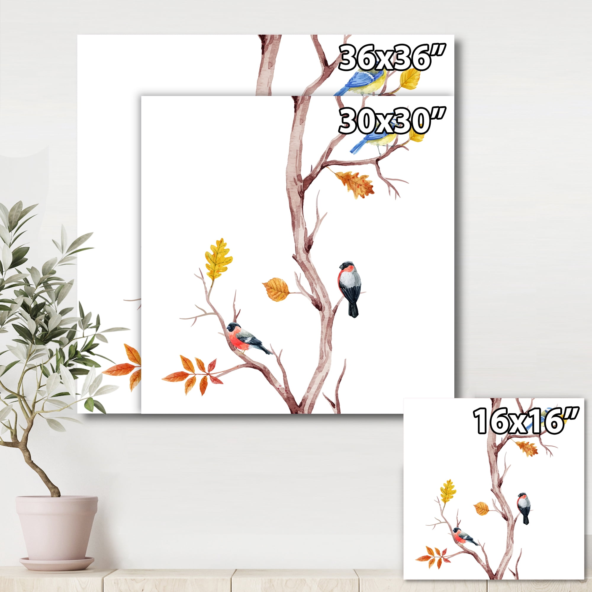 Designart ' Little Birds Sitting On The Tree Branches IV ' Traditional Canvas Wall Art Print