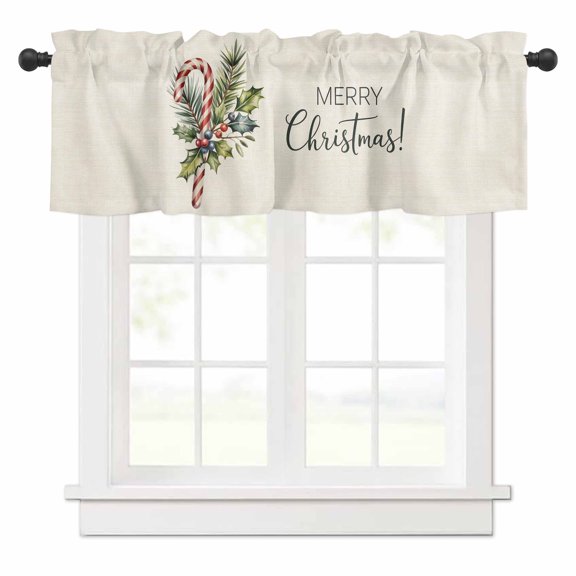 Candy Cane Valances for Windows Merry Christmas Berry Leaf Winter Xmas Rod Pocket Curtain Valance Window Treatment Short Curtains for Kitchen Living Room, 54"x18"