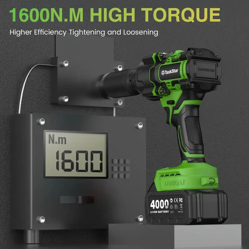 TaskStar 1/2" Brushless Electric Impact Wrench, 1180 ft-lbs (1600Nm) High Torque Power Torque Wrench with 4.0Ah Battery & 8 Sockets