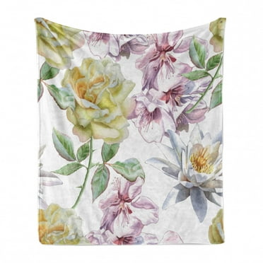 Floral Soft Flannel Fleece Throw Blanket, Rose Petals Sakura Lily Flowers Blooms Romance Florets Design, Cozy Plush for Indoor and Outdoor Use, 50" x 60", Fern Green Pale Pink, by Ambesonne