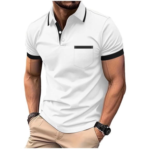 Men's Golf Polos Shirt - Short Sleeve Color Block Shirts Casual Tennis T-Shirt V Neck Basic Tees Shirts Collared Pullover Loose Fit Sport Tshirt with Pocket - for Work or Daily