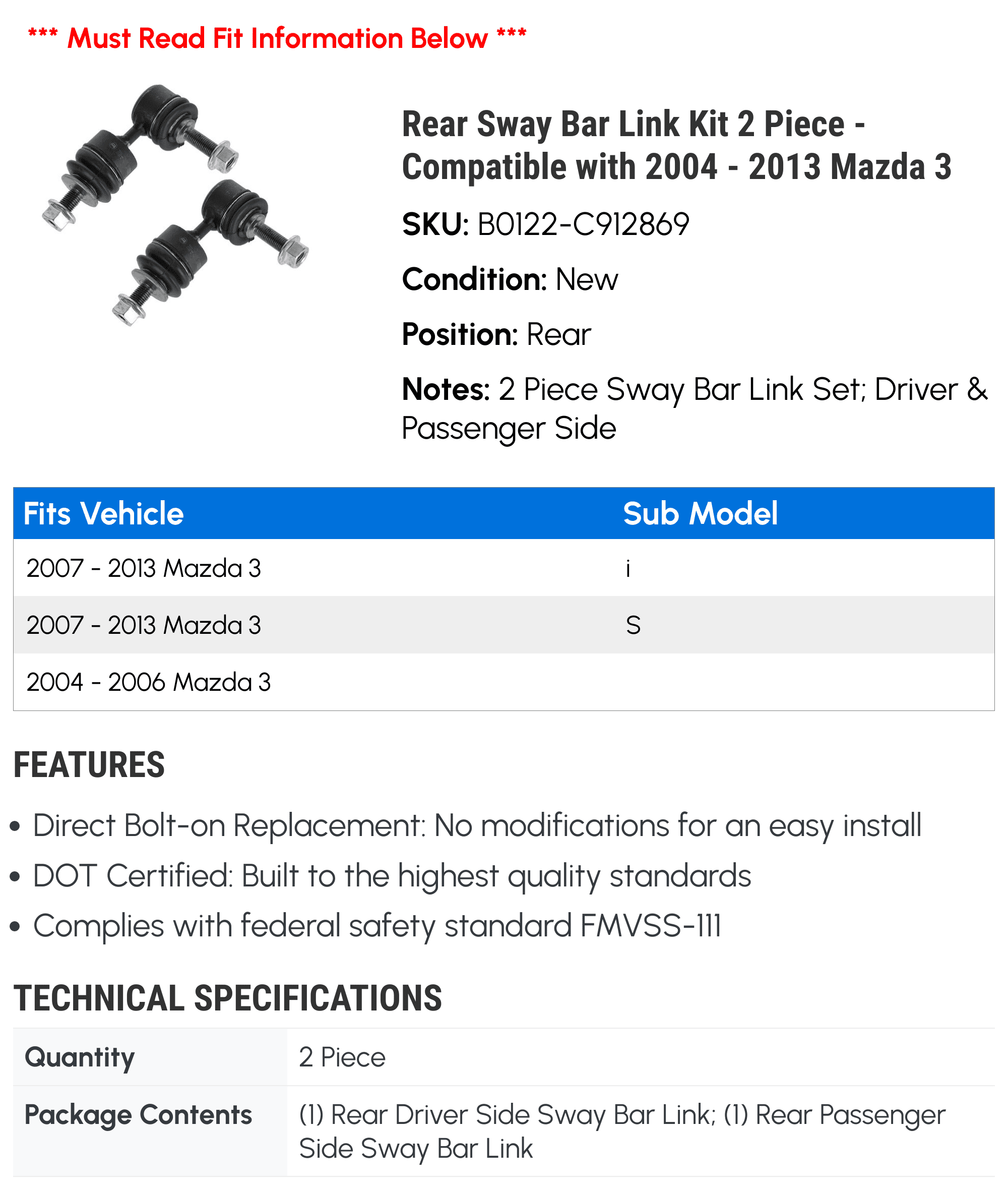 Rear Sway Bar Link Kit 2 Piece - Compatible with 2004 - 2013 Mazda 3 2005 2006 2007 2008 2009 2010 2011 2012