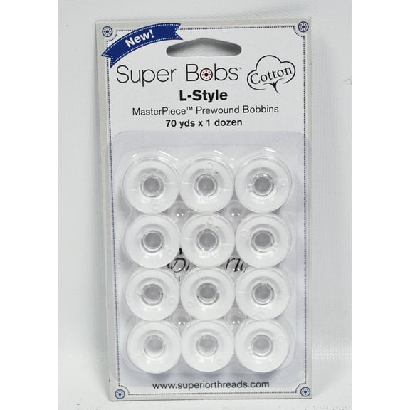 Super Bobs MasterPiece Cotton 70yd Prewound Bobbins 12ct L-Style Blanc