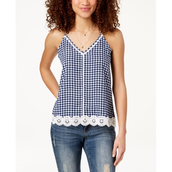 Almost Famous Juniors Gingham Crochet Tank Top Indigo/ White Gingham M