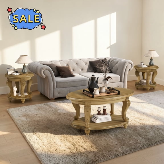 Hassch 3-Piece Living Room Table Set, 42" Coffee Table & 2 End Tables, Table with Storage Shelf, Easy Assembly, Antique Natural