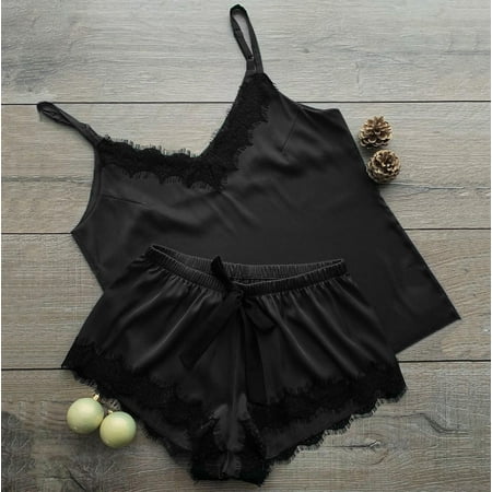

2PC Pajamas For Women Satin Lace V-Neck Camisole Bowknot Shorts Set Sleepwear Pajamas Lingerie