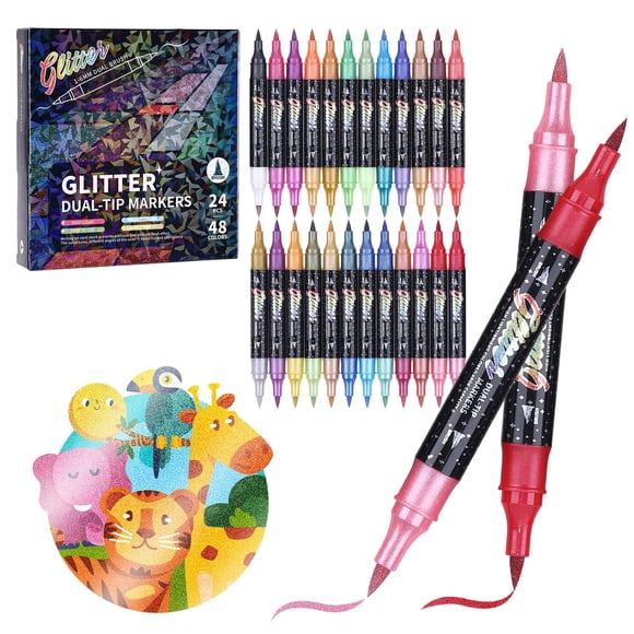 KEMYR Marqueurs à Paillettes en Pinceau, 48 Couleurs, Ensemble de Stylos à Paillettes à Double Pointe, Lot de 24, Marqueur Scintillant Métallique