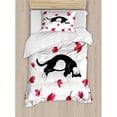 thumbnail image 3 of Modern Duvet Cover Set King Size, Cute Kitty Sleeping Surrounded by Tulips Cat Animal Pet Lovely Creature Print, Decorative 3 Piece Bedding Set with 2 Pillow Shams, Black White Pink, by Ambesonne, 3 of 3