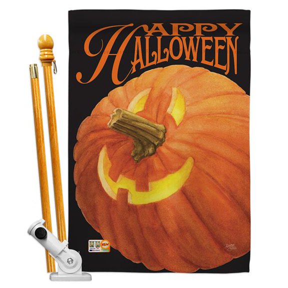 Breeze Decor BD-HO-HS-112057-IP-BO-D-US12-AM 28 x 40 in. Jack O Lantern Fall Halloween Impressions Decorative Vertical Double Sided House Flag Set with Pole Bracket Hardware