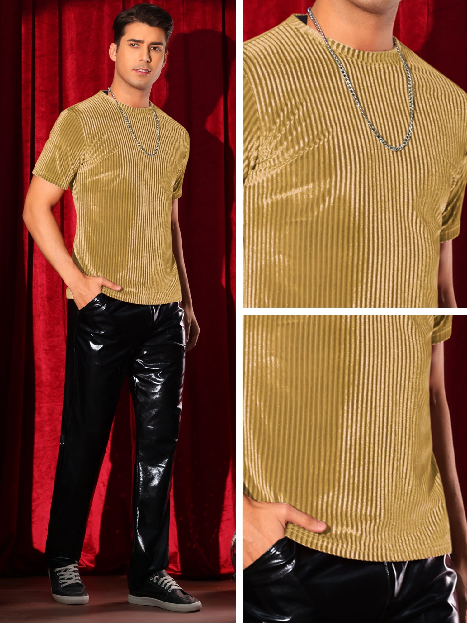 DARING DIVA Men's Velvet Crew Neck Short Sleeve Tee Tops Disco Velour T Shirts S Golden
