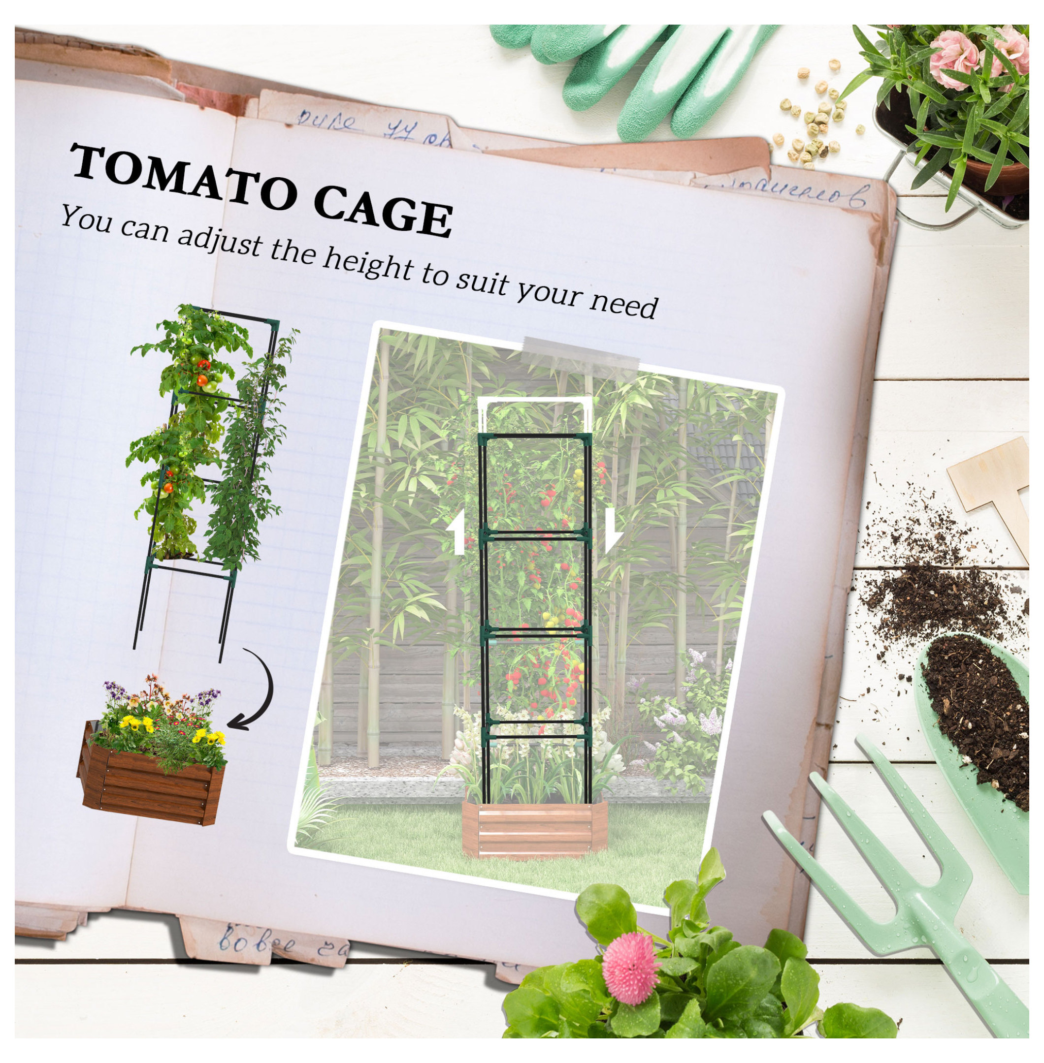 Outsunny Galvanized Raised Garden Bed, 24" x 24" x 11.75" Outdoor Planter Box with Trellis Tomato Cage and Open Bottom for Climbing Vines, Vegetables, Flowers in Backyard, Garden, Patio, Brown