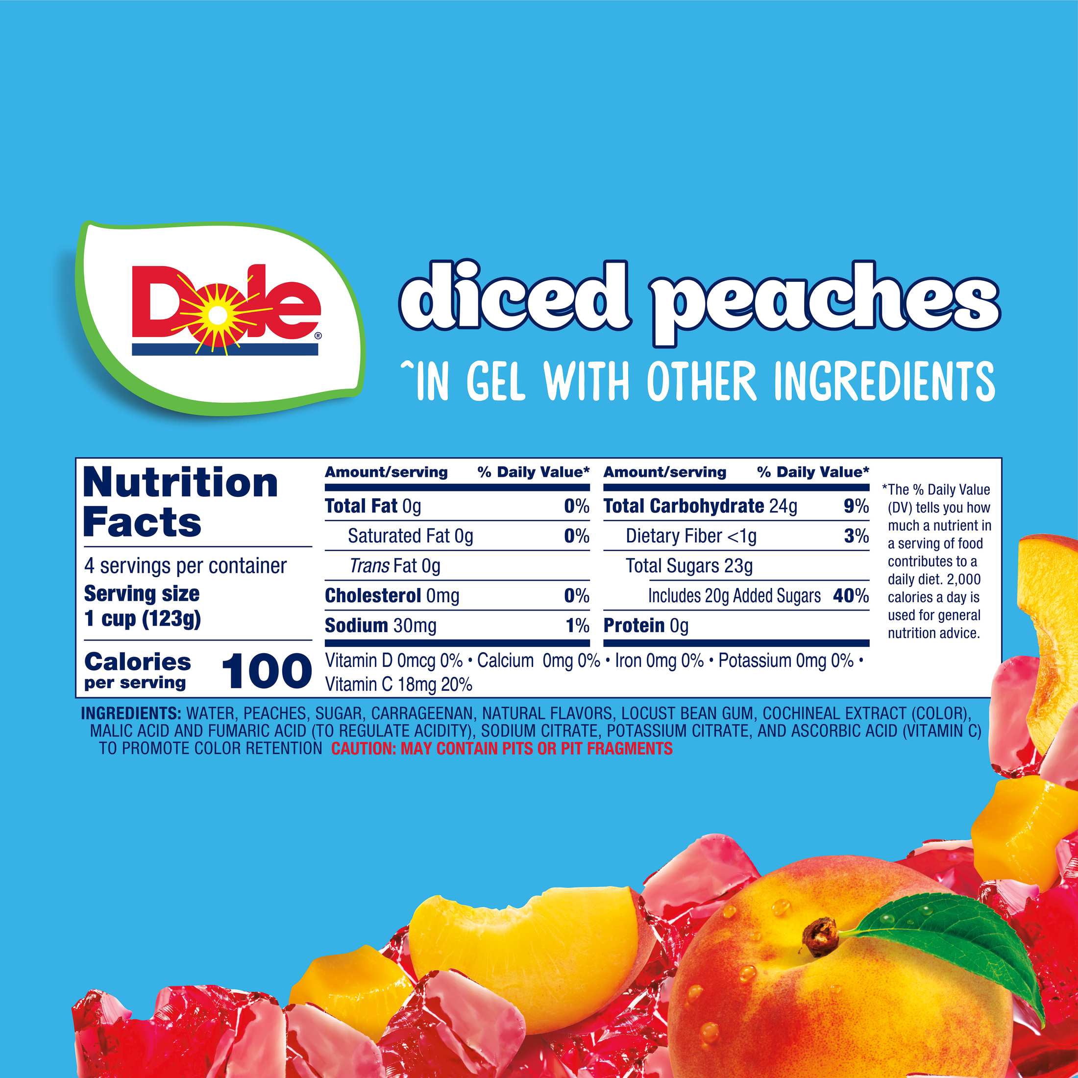 (3 pack) Dole Fruit Bowls Diced Peaches in Strawberry Gel, 4.3 oz Cups (4 Pack)