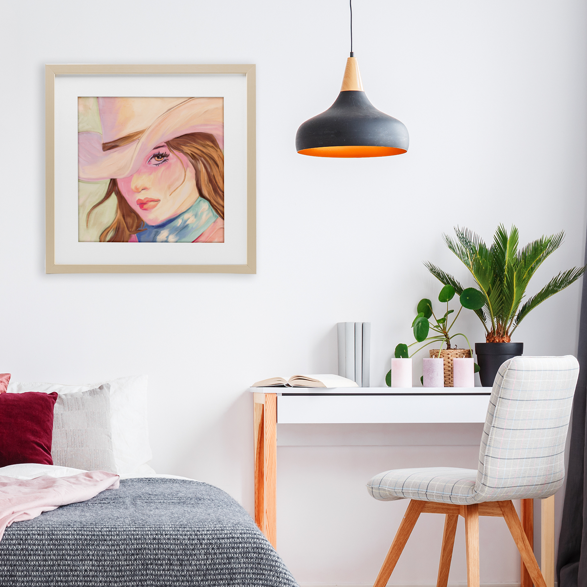 Pastel Cowgirl Brunette Birch Framed Print Under Glass, design by Kim Allen
