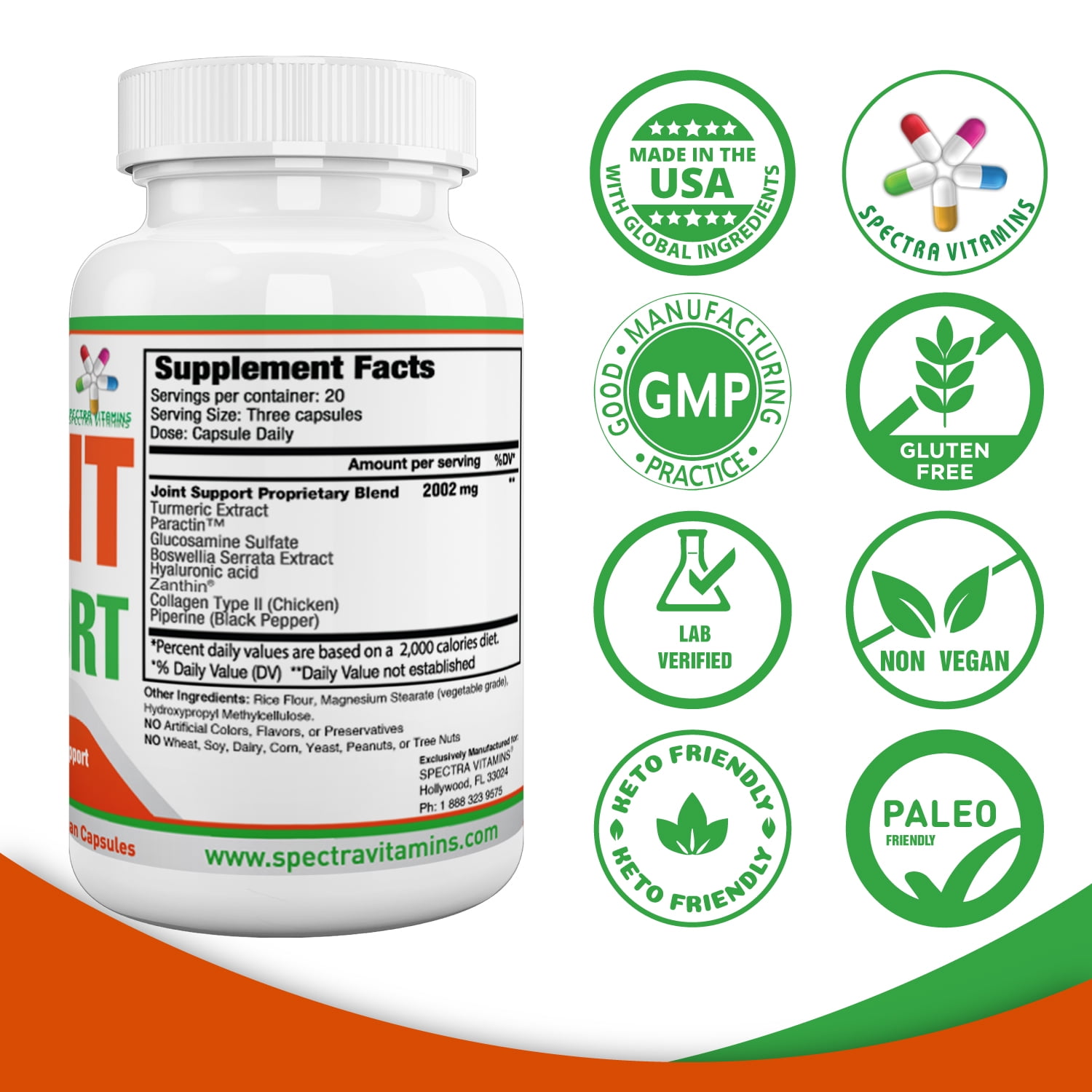 Spectra Vitamins JOINT SUPPORT Supplement with Glucosamine and Turmeric, 60 Capsules