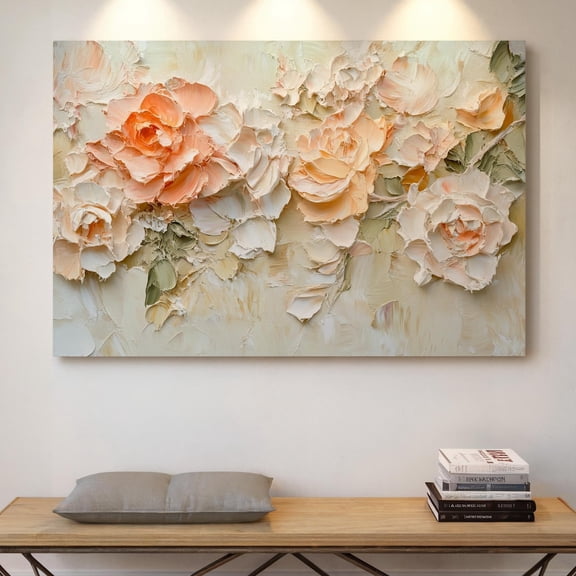 Velto Textured Floral Canvas Art - Impasto Rose with Soft Peach and Ivory Flowers, Abstract Botanical Romantic Bloom, SIZE 8x10 INCLUDE Pine Wood Frame 1.25-Inch