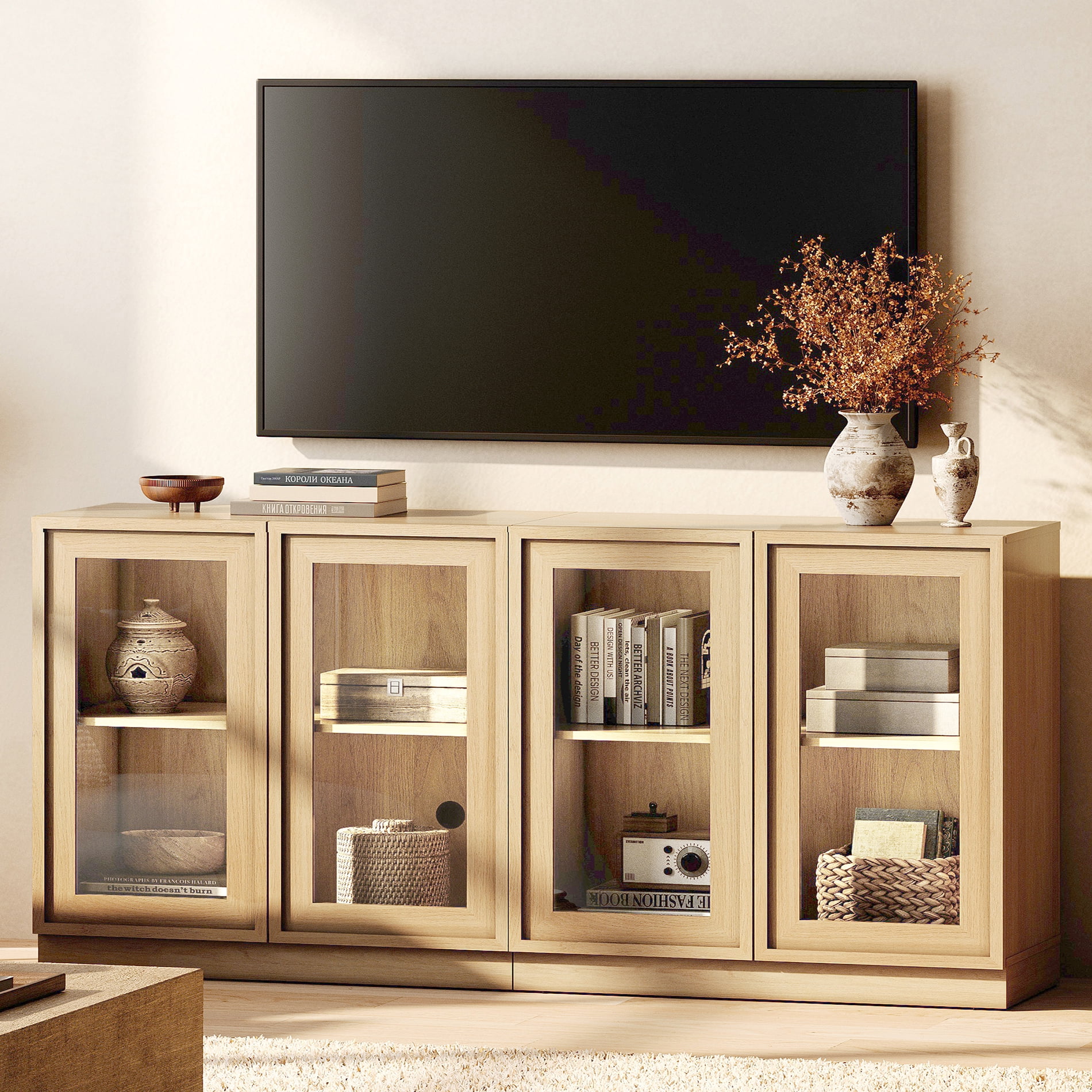 WAMPAT Modern TV Stand for TVs Up to 70", 2-in-1 Entertainment Center TV Console with 4 Glass Doors and Adjustable Shelf, Wooden Media Console Cabinet for Living Room, Bedroom, Oak