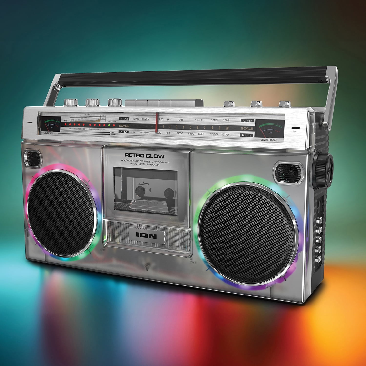 ION Retro Glow Bluetooth Cassette/Radio Boom Box with LED Lights, Translucent, RETROGLOWXUS