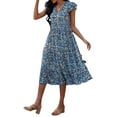 thumbnail image 4 of KOMOO Women Summer Boho Dress Vintage V Neck Fly Sleeve Floral Dress Flowy A Line Swing Sundress, 4 of 8
