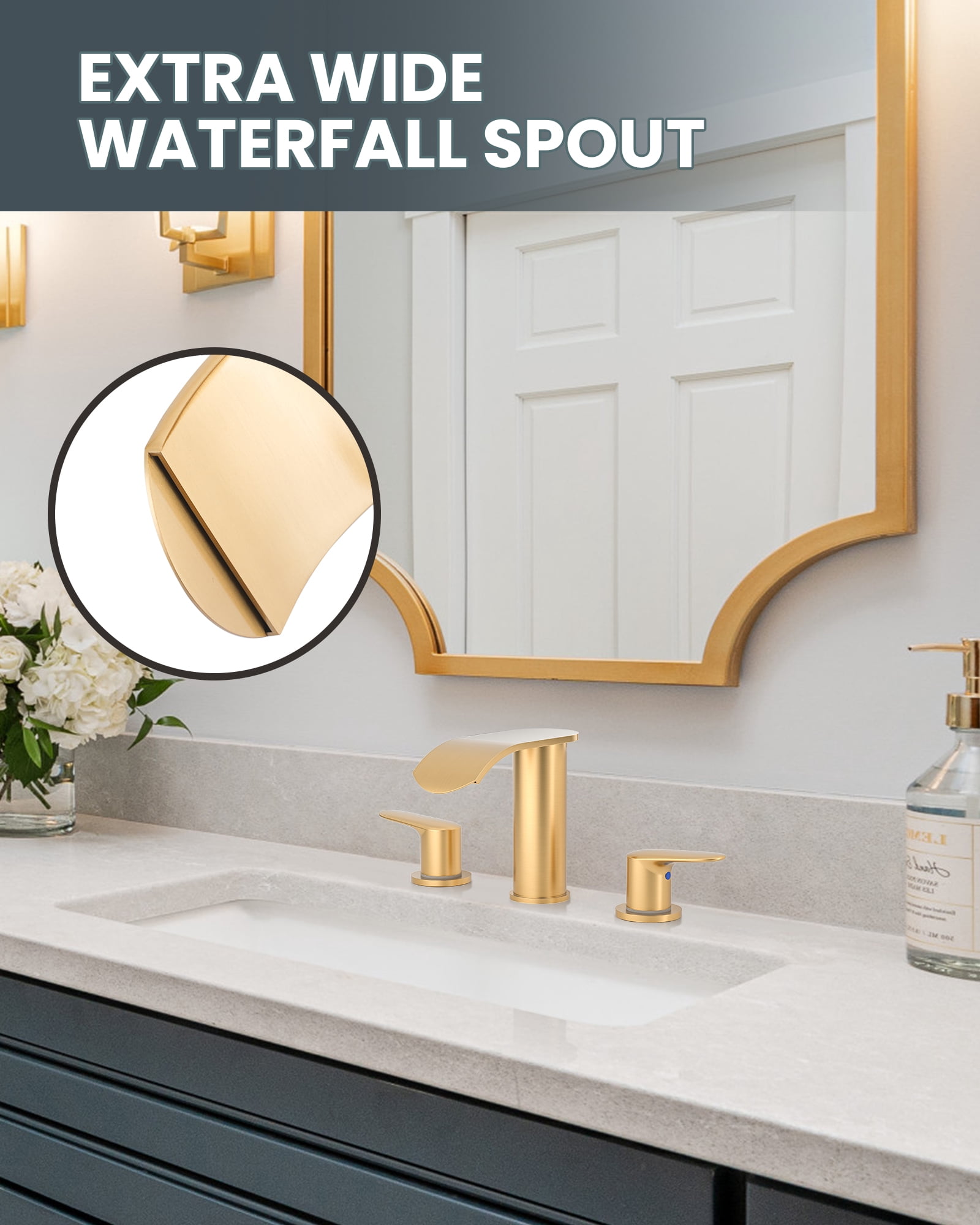 WOWOW Waterfall Bathroom Faucet 3 Holes 8Inch Widespread Bathroom Sink Faucet