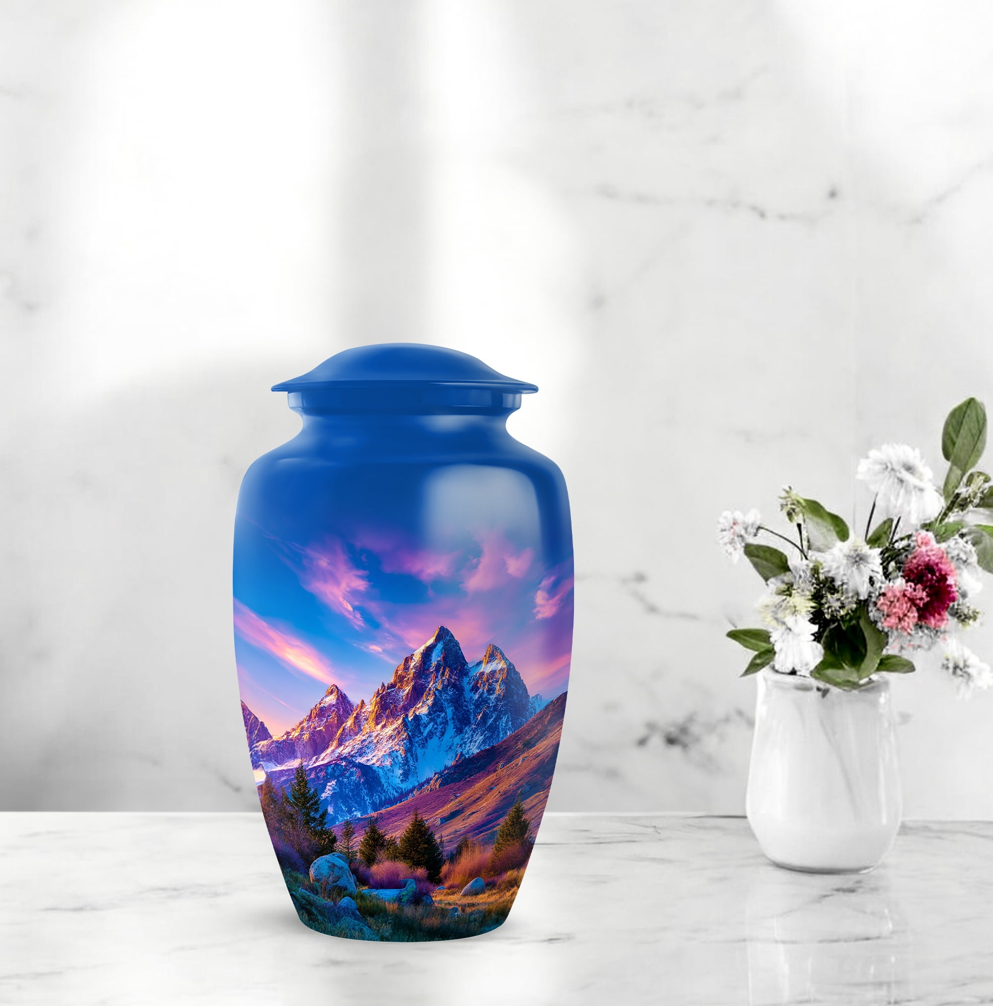 Mountain Funeral Cremation Urn For Human Ashes Adult Female Mom, 1 Large And Set Of 4 Keepsake Urn For Mom And Dad, Burial Urns For Grandfather, Blue Urns For Human Ashes 10&3 Inch