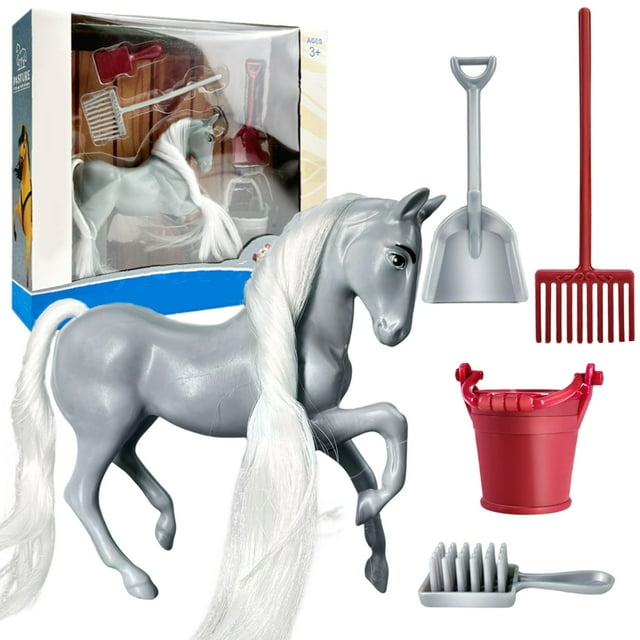 Grey Simulation Horse Toy With Comb Able Hair Ranch Set Includes Grooming Tools Figure And Accessories For Kids Pretend Play Farm Animal Care