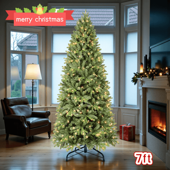Tcbosik 7ft Pre-Lit Artificial Christmas Tree with 400 Warm White LED Lights, Hinged Xmas Tree with 1375 Branch Tips, Indoor Holiday Decoration with Metal Stand, Green