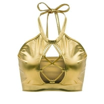 Jdlsppl Women's Crop Top Metallic Shiny Camisole Shirt Halter Backless Halloween Hollow Out Fashion Cami Shirt Golden Large