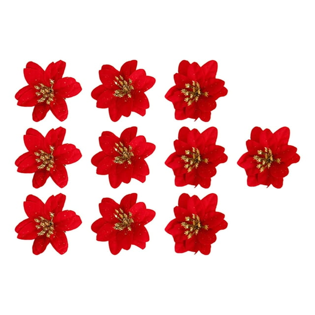 10 cabezas de flores artificiales con purpurina para decoración de árbol de Navidad. Rojo