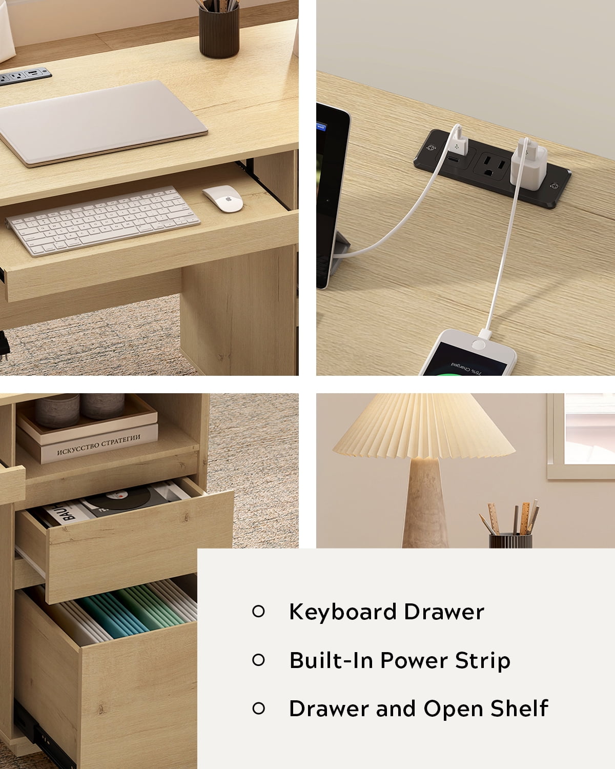 Joyyskill Farmhouse Executive Desk with File Drawer 59" Large Computer Desk Home Office Desk with Charging Station, Keyboard Tray, Storage Cabinet Modern Workspace for Study, Light Oak