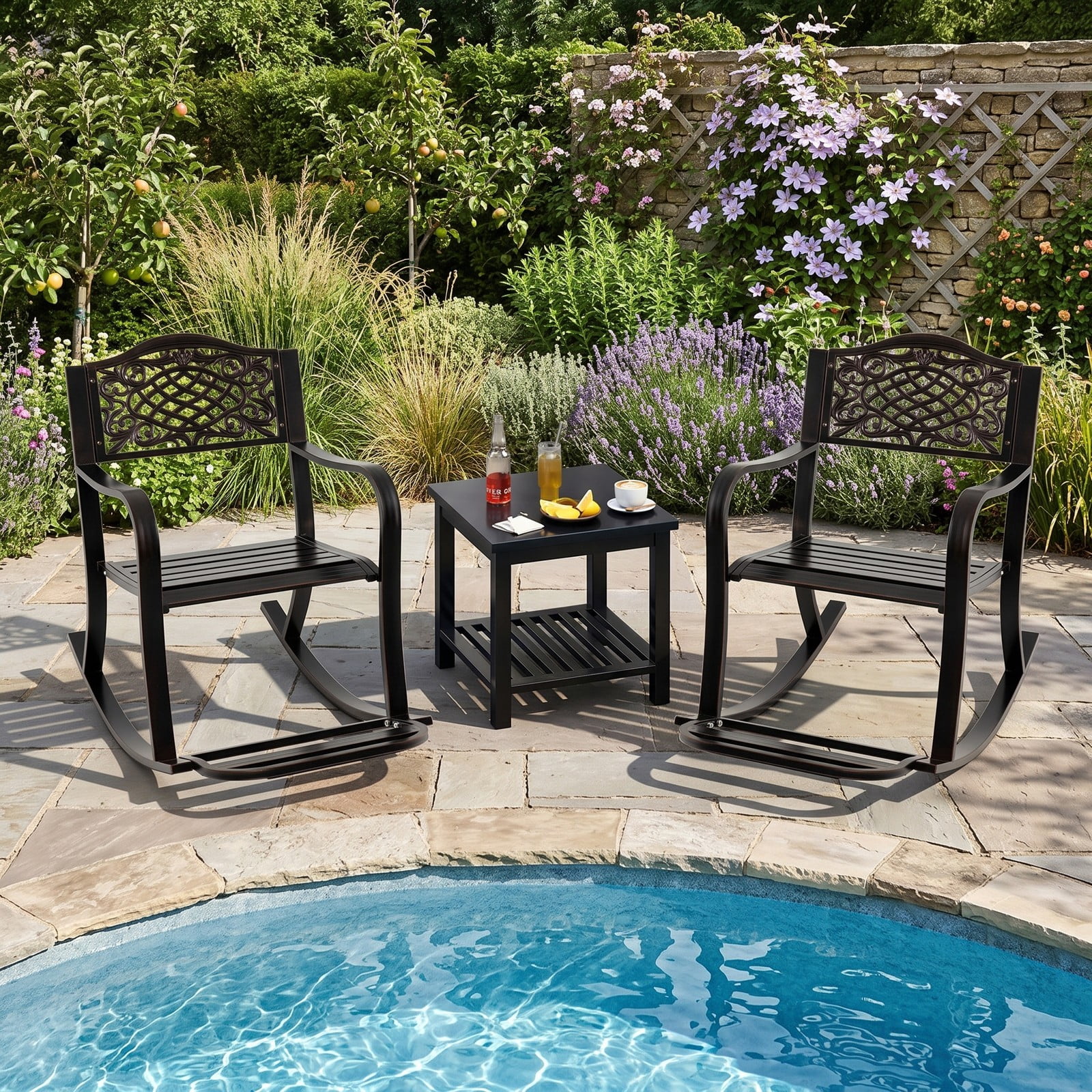 Furnibear Patio Rocking Chair with Cast Aluminum Frame, Floral Backrest and Curved Armrests for Backyard and Porch, Brown