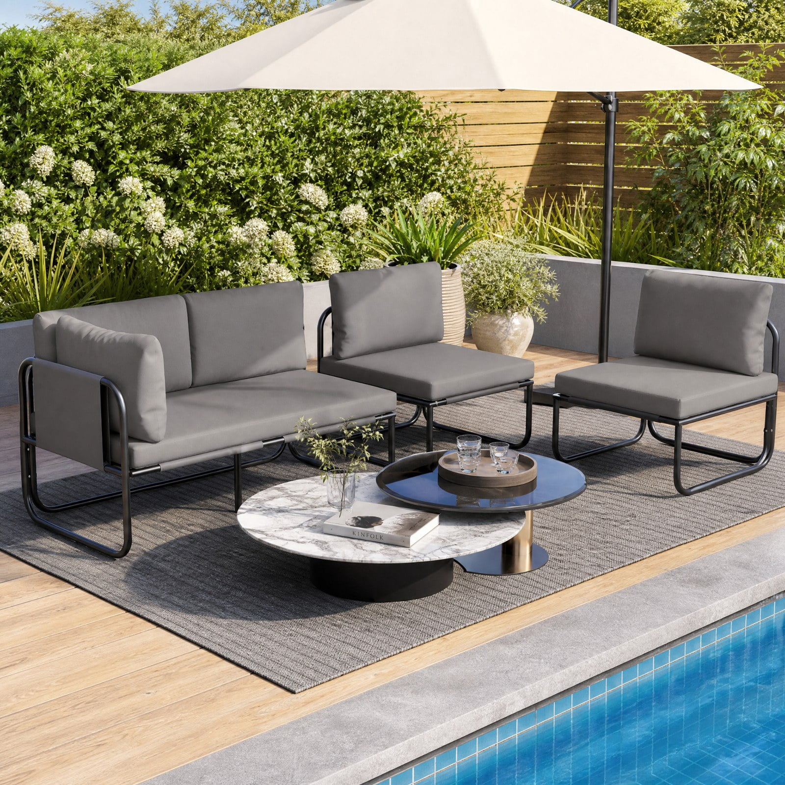 Furnibear Patio Loveseat Sofa Couch with Removable Pillows and Seat Cushion for Yard Garden Porch and Poolside Seating, Gray