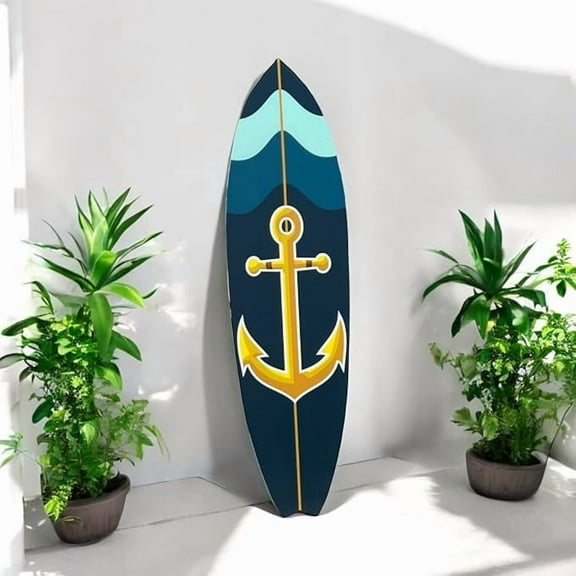 JennyGems Nautical Anchor Surfboard Wall Art, 3 ft x 10 in, Beach House Decor, Navy Blue and Teal, Indoor Outdoor Weather Resistant Wall Hanging