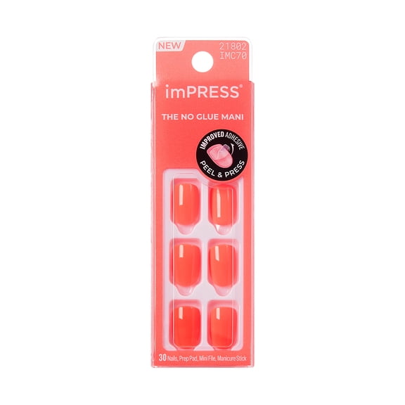 KISS imPRESS Color Press On Nails, ‘Happier Vibes’, Orange, Short Squoval, 30 Count