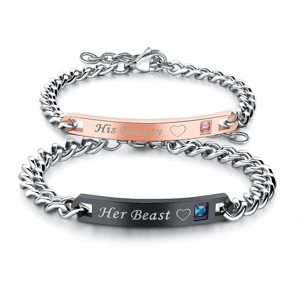 Regalo para amante, su bella, su bestia, pulseras de pareja de acero inoxidable para mujeres y hombres, conjunto de joyería a juego
