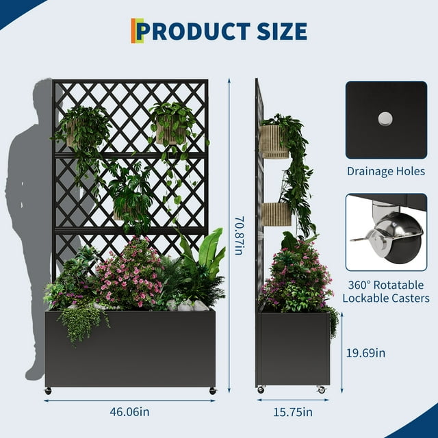 AKDSteel Outdoor Metal Planter, Black Metal Raised Garden Bed with Trellis & Privacy Screen