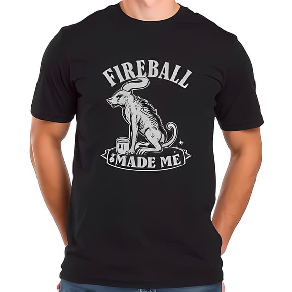 Men's Cotton Short Sleeve T-Shirt - " FIREBALL MADE ME " Graphic Tee with Whimsical Dog - Goat Creature Design