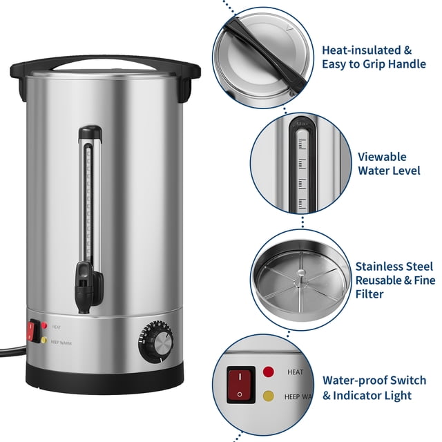 Kojooin Commercial Coffee Urn, Stainless Steel Electric Coffee Maker with Double-Wall Insulation and Filter Basket