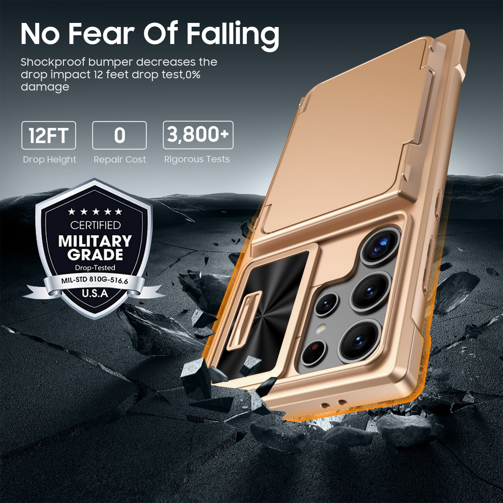 Vizvera for Samsung Galaxy S24 Ultra Phone Case with RFID Cards Holder (Store 4 Cards)&Camera Cover & Kickstand,Shockproof Silicone Case-Champagne