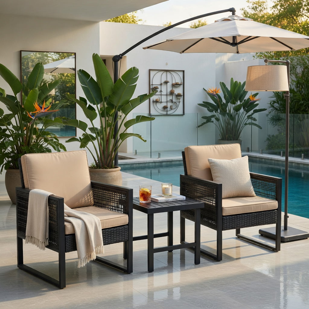 Hommoo 3-Piece Outdoor Rattan Bistro Set with Cushioned Sofas & Coffee Table, Steel Frame, Weather-Resistant Wicker, Adjustable Feet for Patio, Backyard, Porch & Poolside, Brown and Black