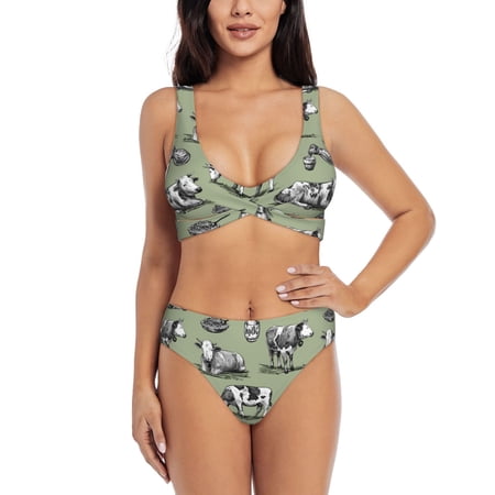 Zeuib Farm Cows High Waisted Tummy Control Bikini Set - Knot Front Push Up Top & Cheeky Thong Bottom  Two-Piece Swimsuit for Women-Medium