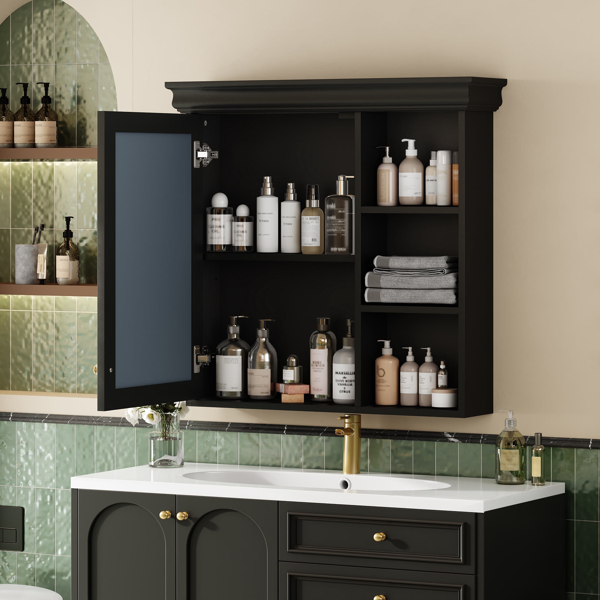 Euroco Wall-Mounted Bathroom Mirror Cabinet with Adjustable Shelf, Soft-Close Hinges, and Storage for Over Toilet or Sink