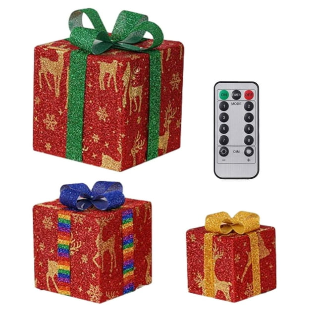3x Cajas de Regalo Iluminadas de Navidad, Juego de Cajas de Navidad LED, Cajas de Regalo de Decoración Brillante de Navidad, para Decoración de Rojo