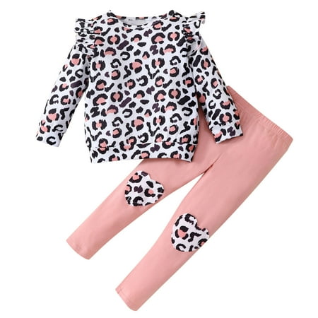 

Toddler Outfit Sets For Teens Child Baby Girls Ruffled Long Sleeve Leopard Print Sweatshirt Blouse Tops Patchwork Pant Trousers 2Pcs Kids Clothes Suit