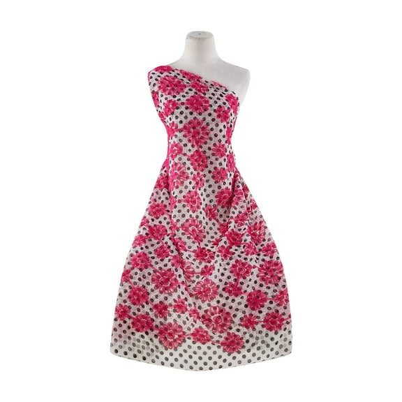 Zelouf High Multi Chiffon Dot With Soutash Flower And Seqs , Sewing, DIY, Crafts Fabric by the Yard, Ivory/blk/fuchsia, 3 Yard