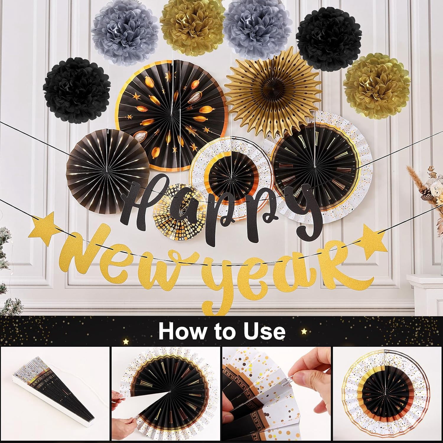 New Years Eve Party Supplies 2026, Happy New Year Decorations Black Gold Hanging Paper Fans Tissue Pom Poms Happy New Year Banner for 2026 New Year Party Favor Supplies Decorations