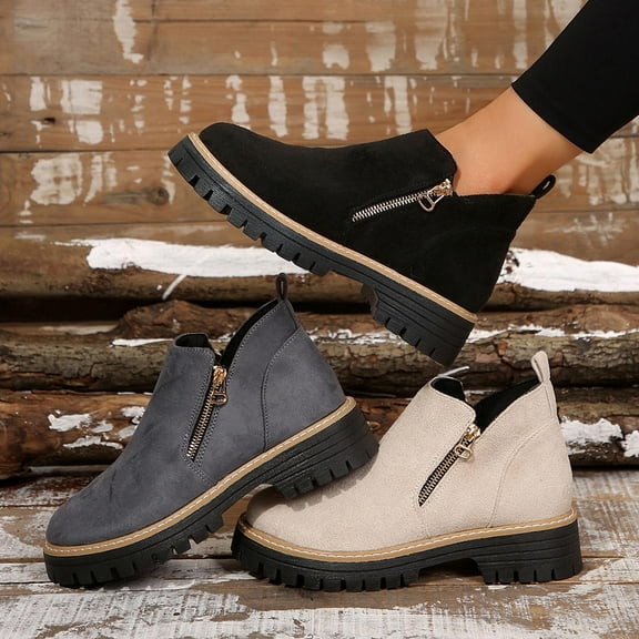 Woman Ankle Boots Chunky Heel Round Toe Side Zipper Solid Color Womens Low Heel Warm Shoes Beige 6.5