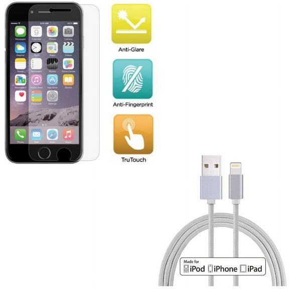 iPhone 8/7/6S/6 - 6ft MFi USB Cable w Film TPU Screen Protector - Certified Charger Cord Power Wire Braided, Anti-Glare Anti-Fingerprint Matte for iPhone 8/7/6S/6