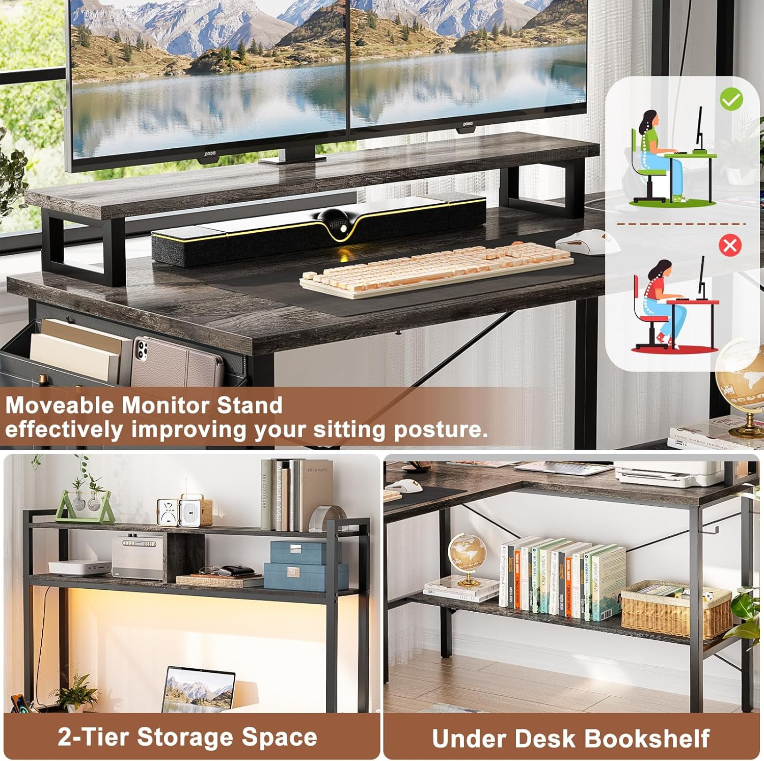 iSunirm Reversible L Shaped Gaming Desk with LED Lights & Power Outlets, 49'' Small L Shaped Computer Corner Desk with Monitor Stand and Storage Shelf, for Home & Office, Black Oak